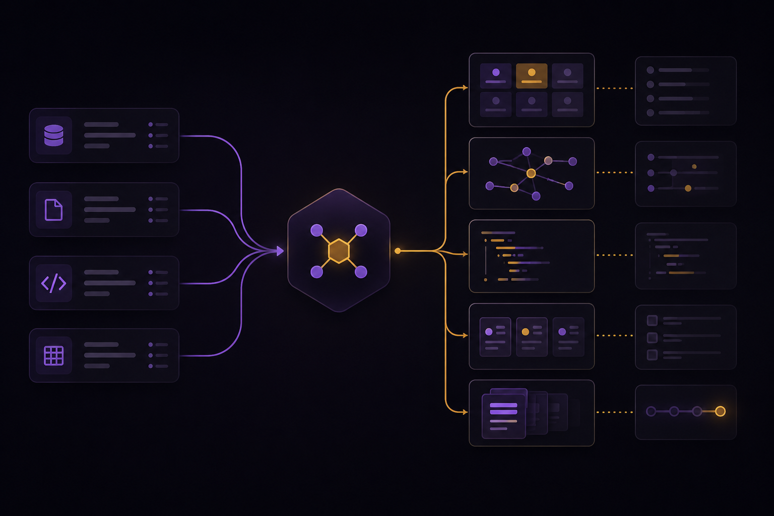 Abstract workflow visual showing data, documents, code, and tables flowing into a central product hub and branching into catalog, graph, code, review, and version outputs.